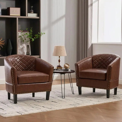 PU Barrel Chair Set of 2 Living Room Chair, Upholstered Sofa Club Chair Set with Nail-Heads and Solid Wood Legs for Bedroom, Off
