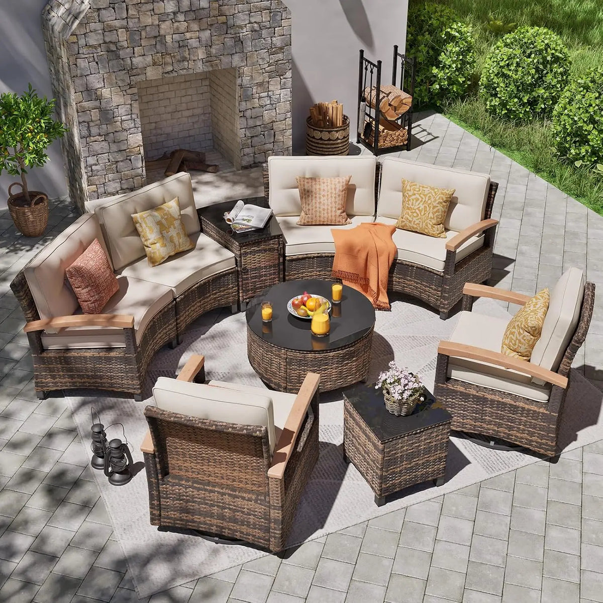 Half Moon Rattan Patio Conversation Set, Multi-Piece Outdoor Furniture