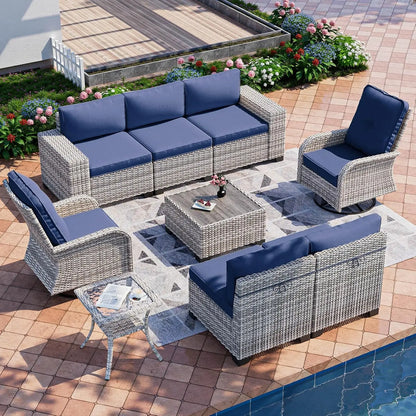 9-Piece Outdoor Patio Furniture Set with Rocking Swivel Chair Wicker Sectional Sofa Set, Patio Conversation Set, Customized
