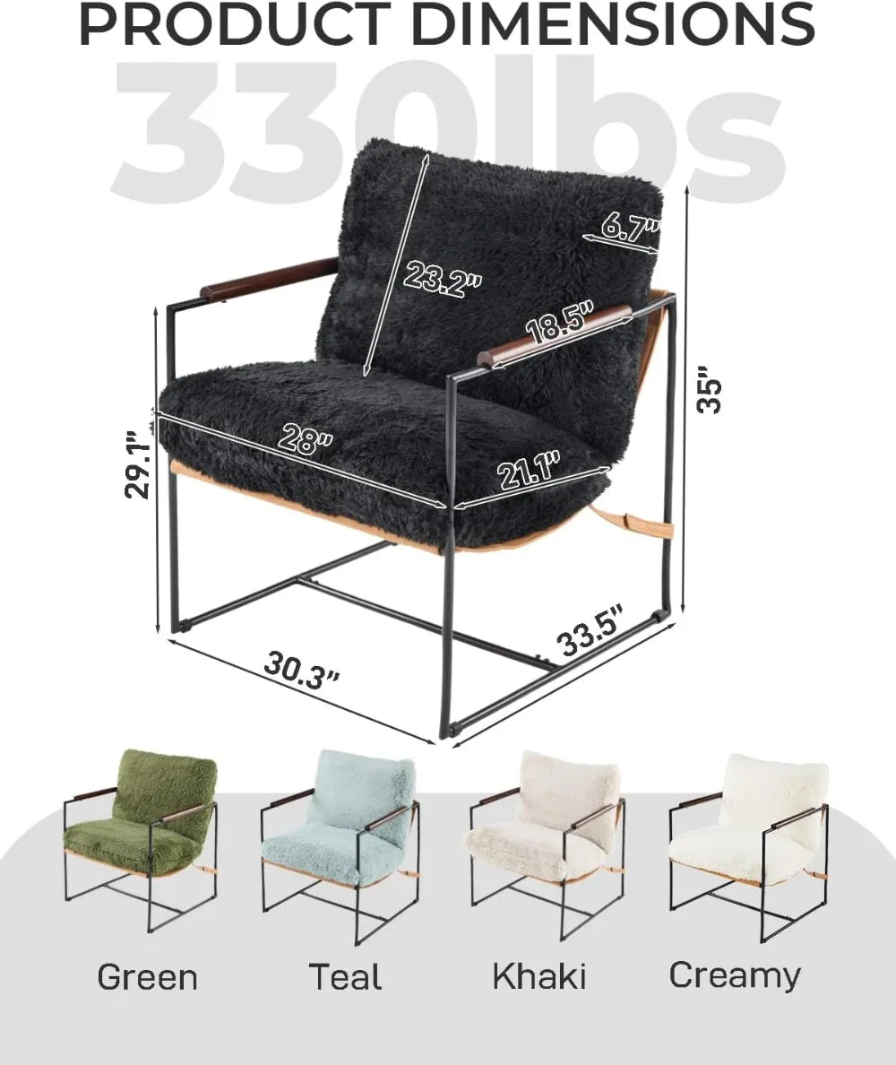 Modern Plush Fleece Accent Chair with Metal Frame & Wooden Armrests for Living Room, Bedroom, Balcony