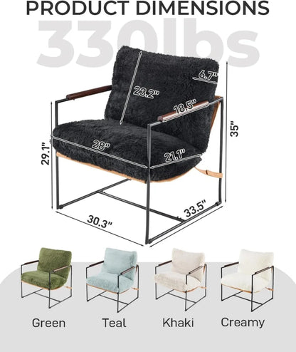 Modern Plush Fleece Accent Chair with Metal Frame & Wooden Armrests for Living Room, Bedroom, Balcony