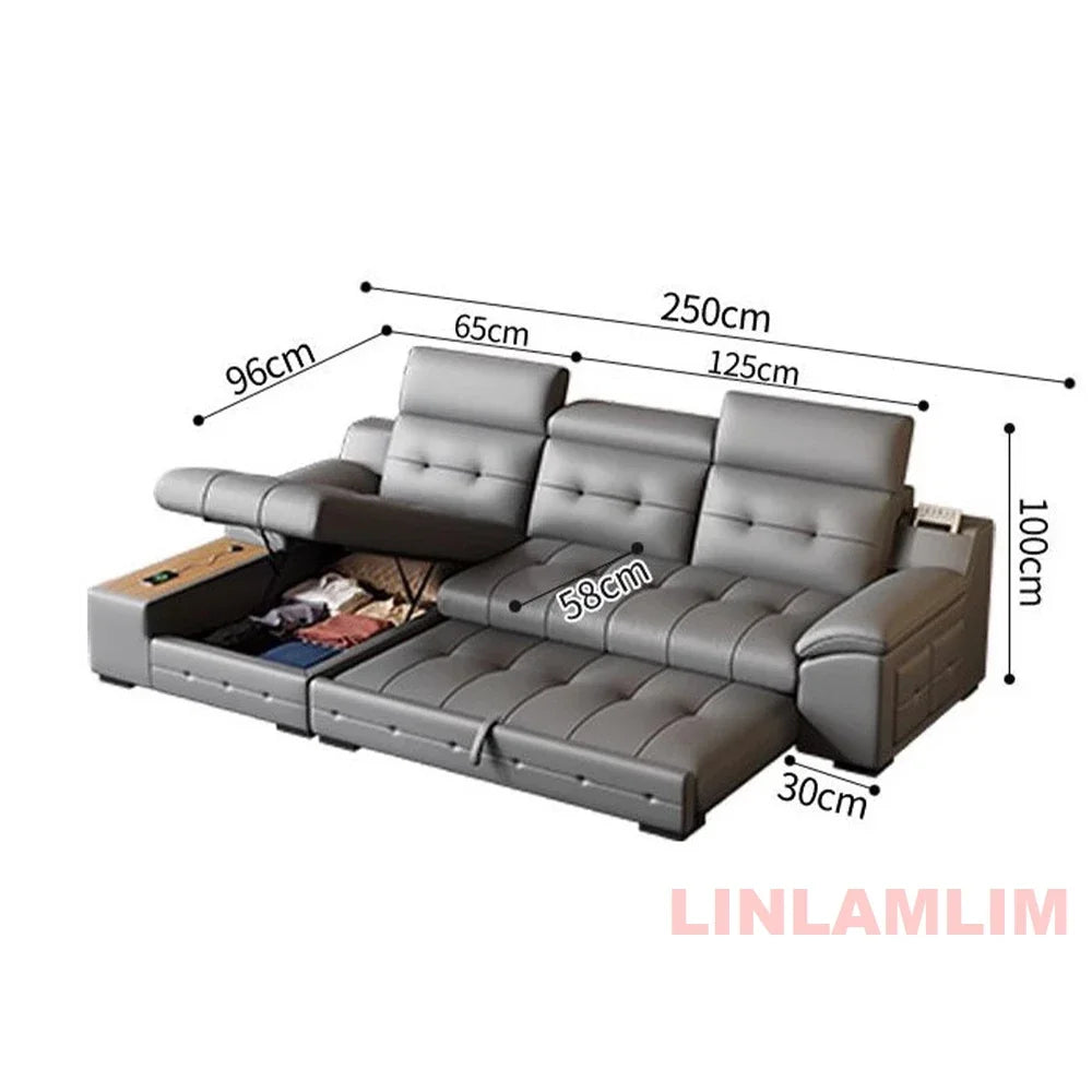Electric Reclining Sectional Sofa Bed with Cup Holder & Adjustable Headrests – Italian Genuine Leather Convertible Sleeper Couch
