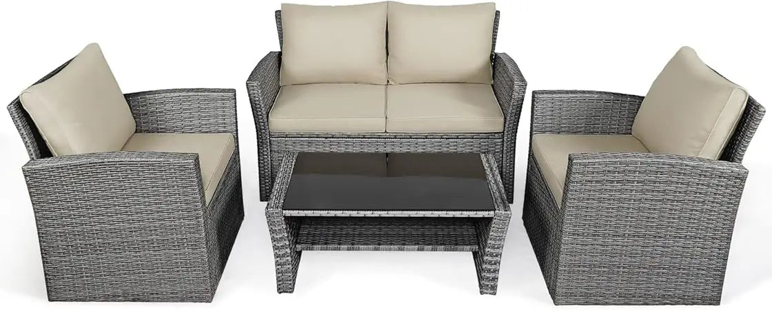 4 Pieces Patio Rattan Furniture Set, Outdoor Wicker Sofa Set with Tempered Glass Coffee Table, Cushions, All Weather Rattan Con