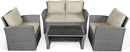 4 Pieces Patio Rattan Furniture Set, Outdoor Wicker Sofa Set with Tempered Glass Coffee Table, Cushions, All Weather Rattan Con