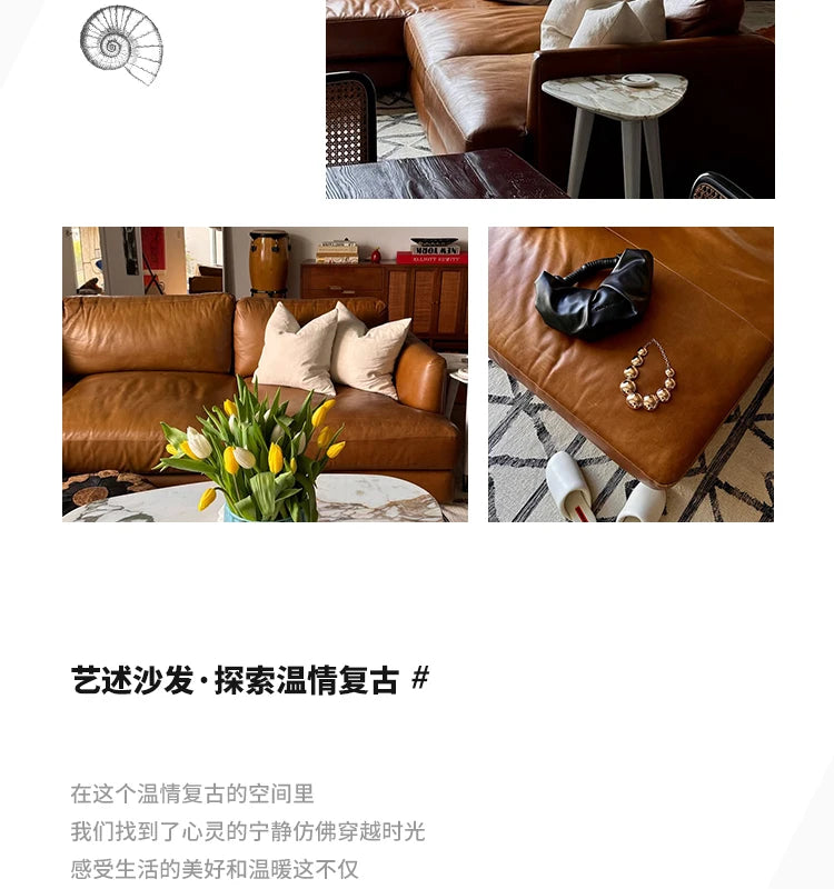 leather sofa, antique milk brown first layer cowhide L-shaped concubine seat in the living room, American retro leather sofa
