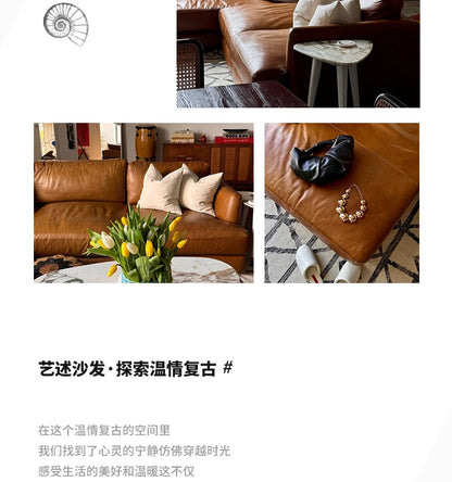 leather sofa, antique milk brown first layer cowhide L-shaped concubine seat in the living room, American retro leather sofa