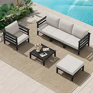 HDPE Patio Furniture Set, 6 Pieces Outdoor Sectional Sofa Set, All-Weather Wood-Like Outdoor Sofa Couch with Coffee Table for D