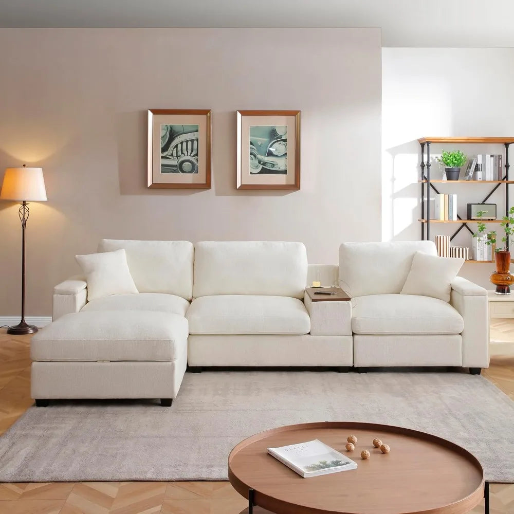 120.3" Modern L-Shaped Sectional Sofa with 360°Swivel Drop-Down Table, Storage Armrest, USB Ports & Movable Storage Ottoman – Pl