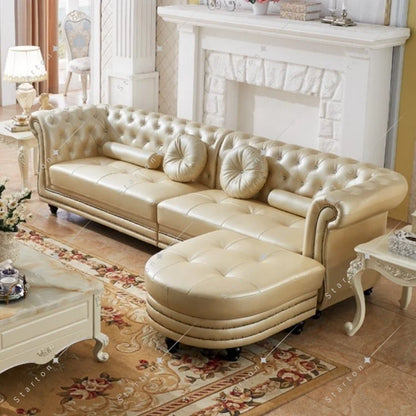Modern Home Furniture Genuine Leather L-Shaped Sectional Corner Sofa Set Wood Legs with Sponge Filling for Living Room Villa