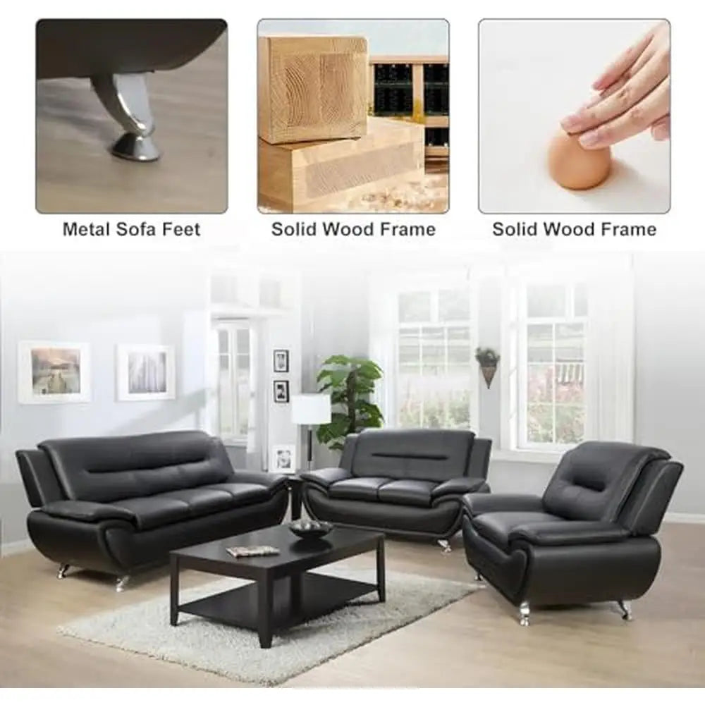 Contemporary Faux Leather Sofa Set Living Room Furniture Full Set Black-B 3PCS)