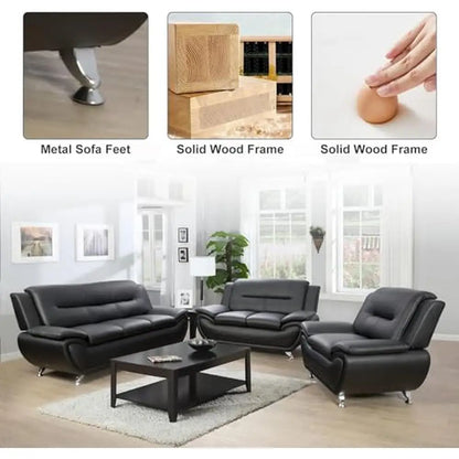 Contemporary Faux Leather Sofa Set Living Room Furniture Full Set Black-B 3PCS)