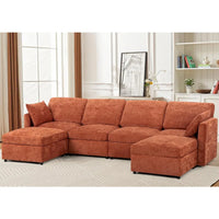 110” Chenille 4 Seater Sofa W/Movable Ottomans, Modern Fabric U-Shaped Couch w/Soft Backrests, Upholstered Sectional Sofa w/Arm