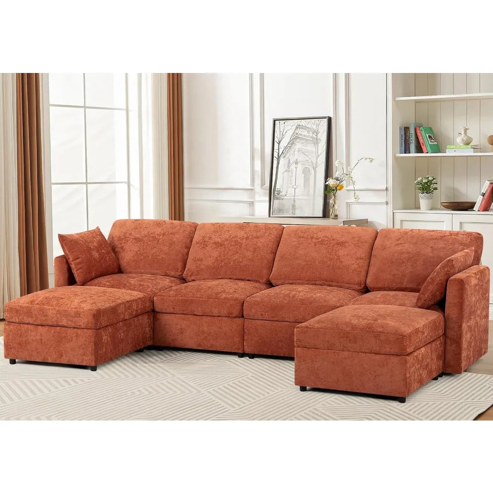 110” Chenille 4 Seater Sofa W/Movable Ottomans, Modern Fabric U-Shaped Couch w/Soft Backrests, Upholstered Sectional Sofa w/Arm