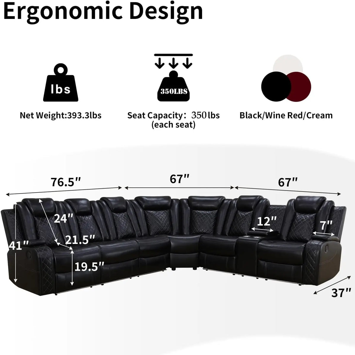 Recliner Leather Sofa Sectional Couches with LED Light for Living Room, Reclining Corner Sectional Sofa with Storage