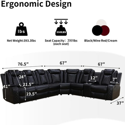 Recliner Leather Sofa Sectional Couches with LED Light for Living Room, Reclining Corner Sectional Sofa with Storage