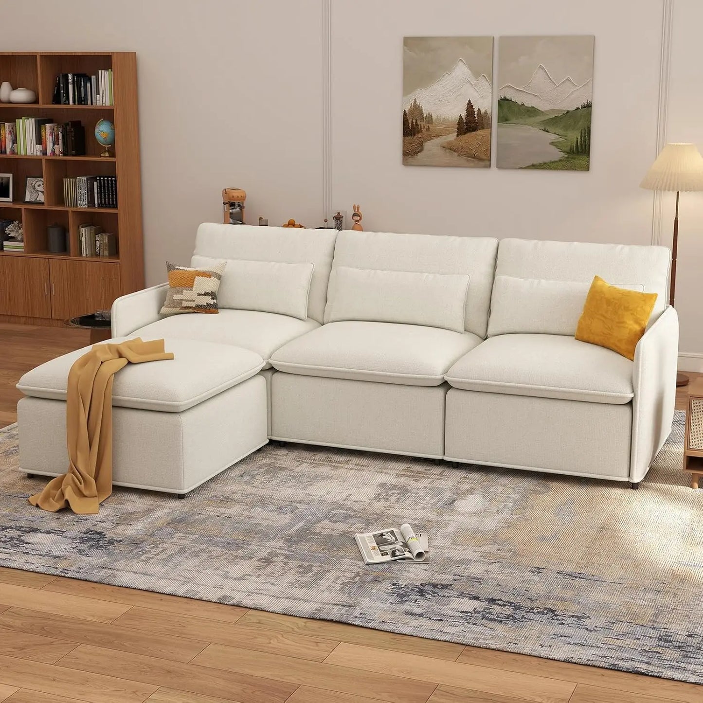 94.5" L Shaped Couch, Modular Sectional Sofa with Moveble Ottoman, Large Deep Seat Chenille Corner Sofa for Living, Customized