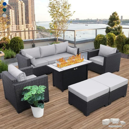 6-Piece Patio Set with 60K BTU Fire Pit, Anti-Slip Cushions (Grey)