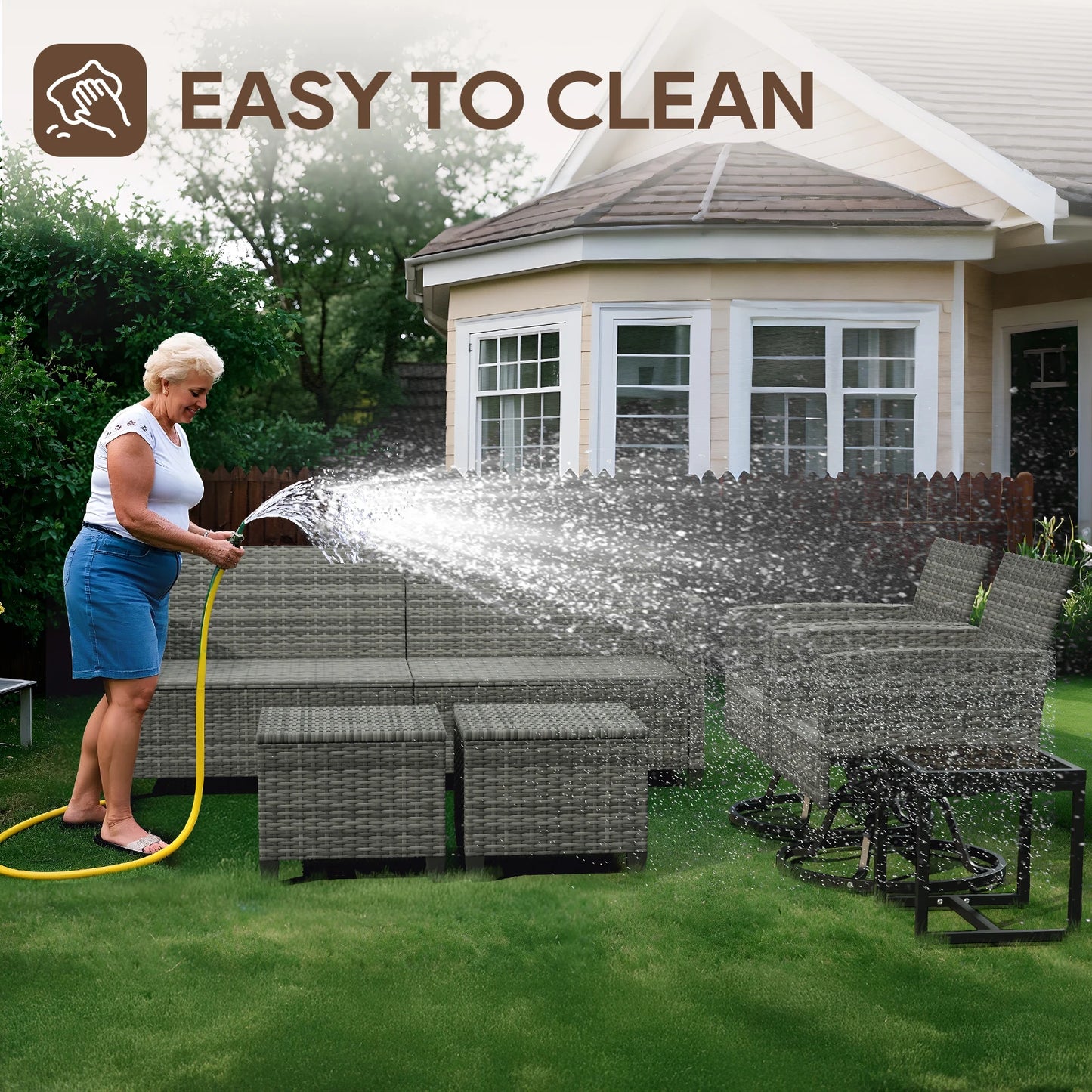 6 Pcs Wicker Patio Furniture Set, Outdoor Swivel Chairs, 3-Seat Sofa, Ottoman & Tempered Glass Side Table, All-Weather Conversat