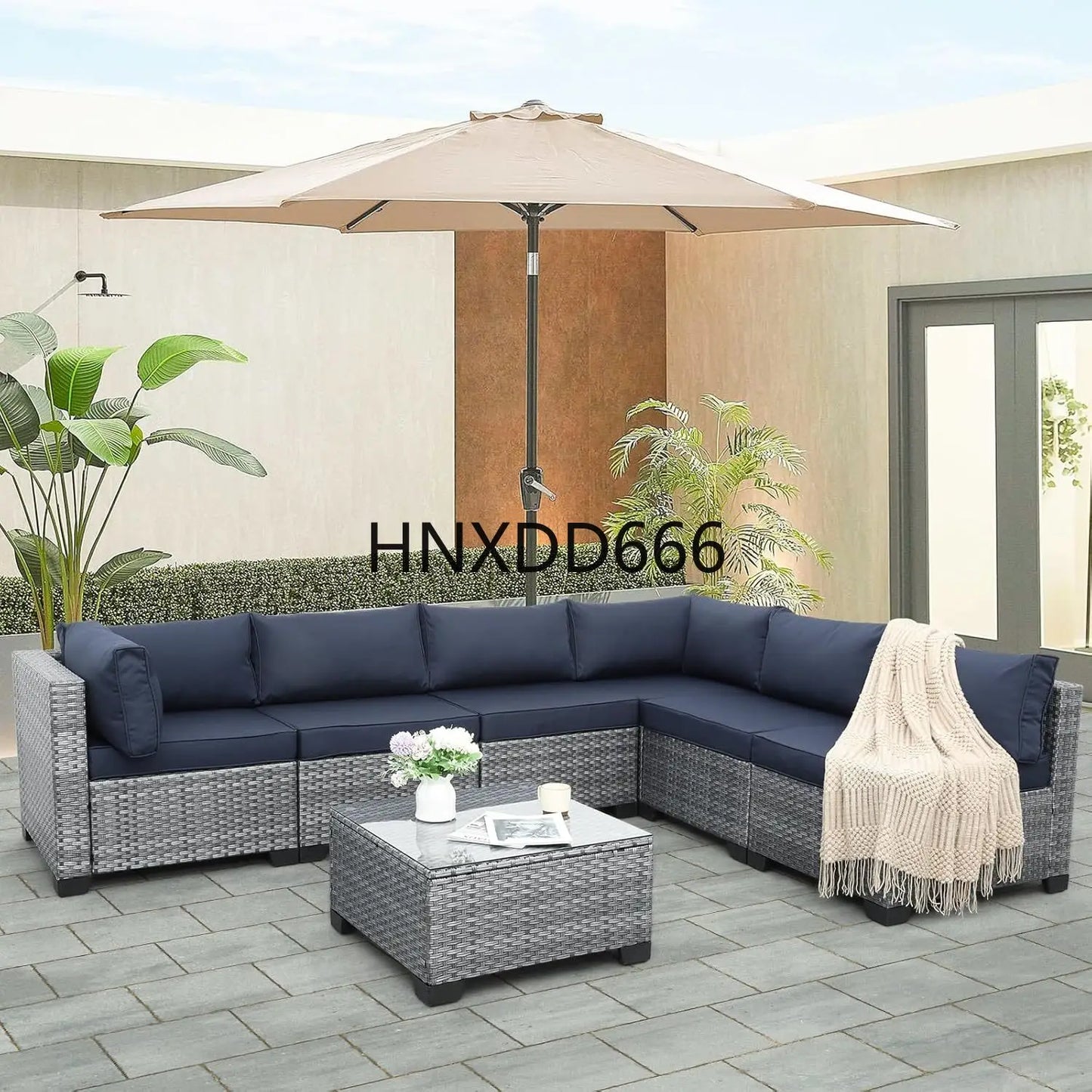 7 Piece Outdoor PE Wicker Furniture Set, Patio Gray Rattan Sectional Sofa Couch with Washable Dark Blue Cushions