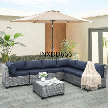 7 Piece Outdoor PE Wicker Furniture Set, Patio Gray Rattan Sectional Sofa Couch with Washable Dark Blue Cushions