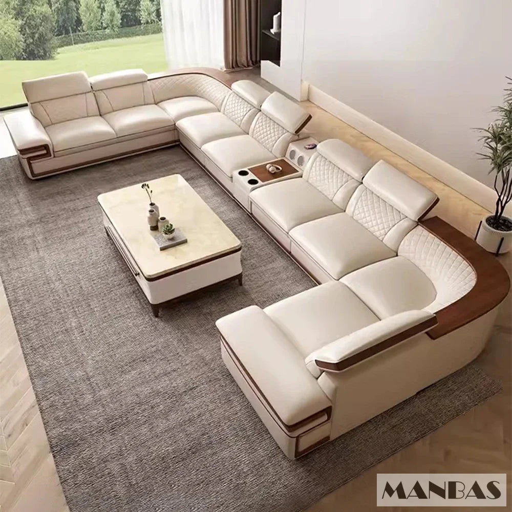 MINGDIBAO Premium Italian Genuine Leather Sofa Set for Living Room with Adjustable Headrests and Built-in Bluetooth Speaker, USB