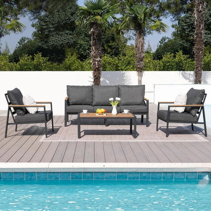 Patio Furniture Set, 4 Pieces Outdoor Furniture Patio Conversation Set with High Back, Faux-Wood Armrest and Tabletop, Outdoor C