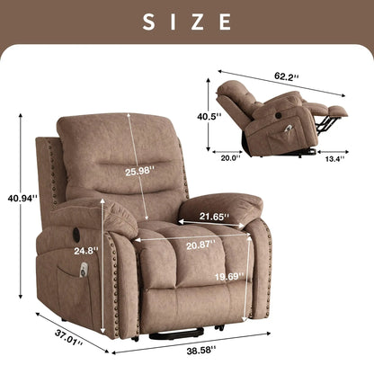 Power Lift Chair for Elderly USB Charging Remote Control Recliner Heat Massage Lay Flat Feature Extendable Fabric