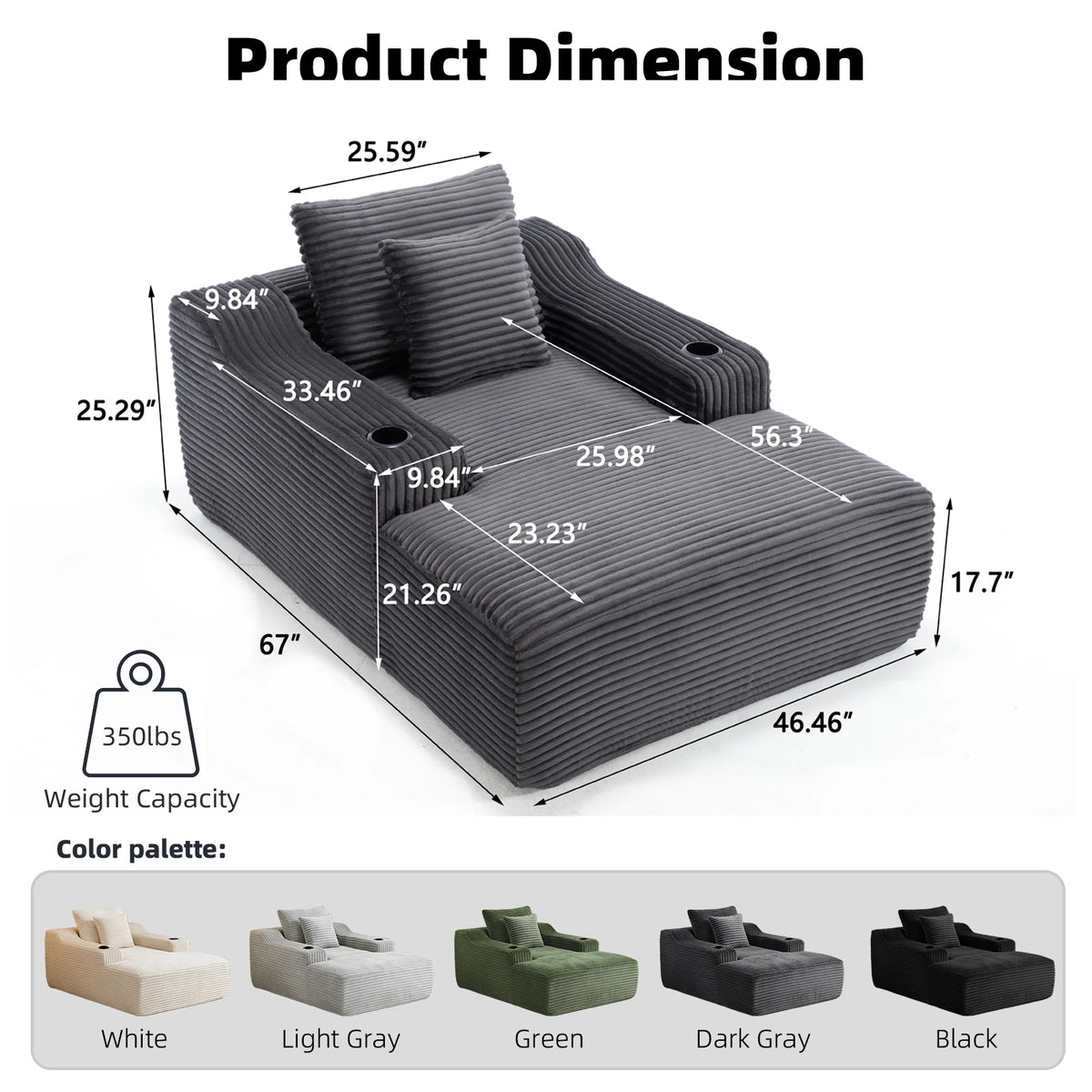 67 Inch Chaise Lounge Chair Indoor, Oversized Corduroy Upholstered Boneless Sofa Bed, Cloud Sofas Couches for Living Room