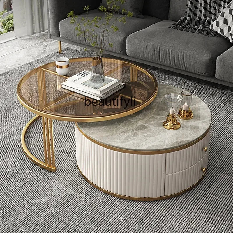 Light Luxury Stone Plate round Tea Table Small Apartment Modern Living Room Glass Coffee Table Living Room Home