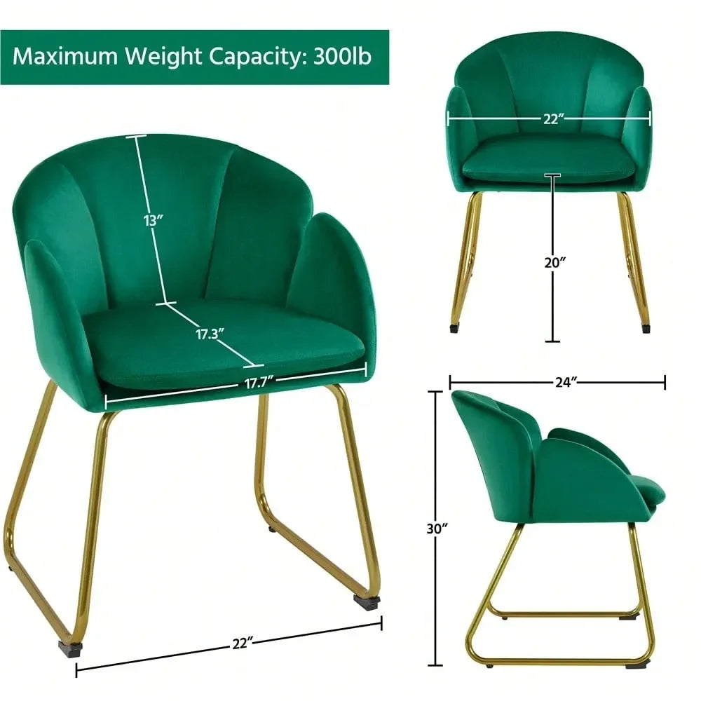 1PC Modern Velvet Vanity Accent Armchair Gold Metal Legs Flower Shape Seat Flared Backrest, SpaceSaving FloorProtect Chair For