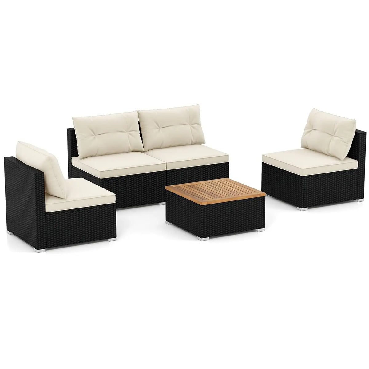 5pc PE Rattan Sectional Set 4 Armless Sofas Acacia Table Cushioned Garden Poolside Backyard Grey Customized