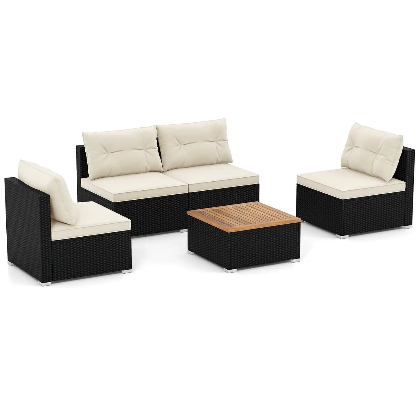 5pc PE Rattan Sectional Set 4 Armless Sofas Acacia Table Cushioned Garden Poolside Backyard Grey Customized