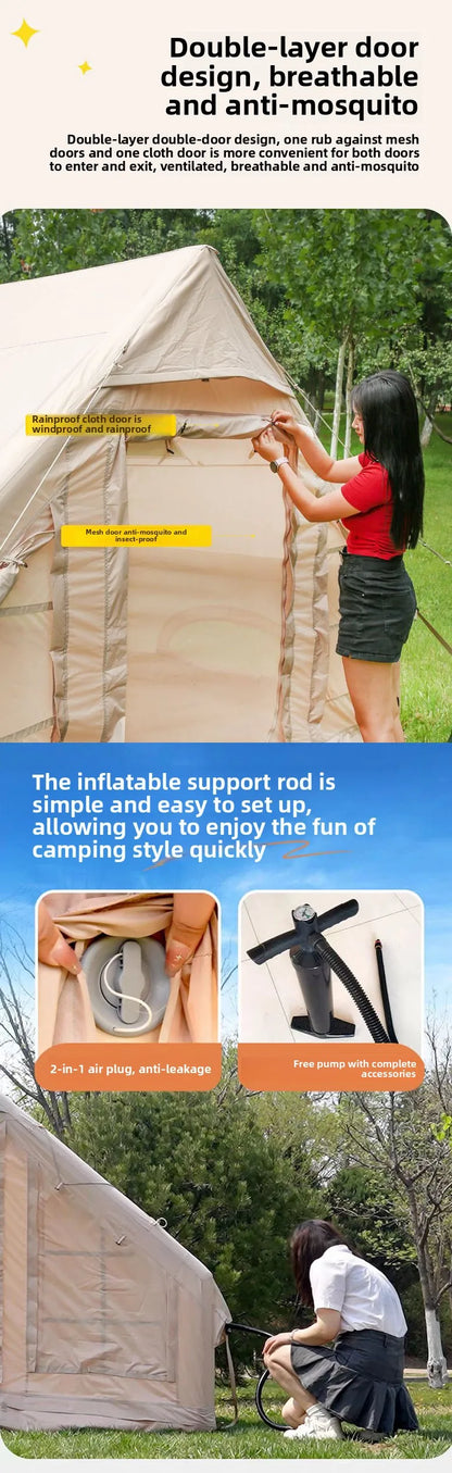 Inflatable tent camping for 1-6 people, hand pump inflation large tent, with skylight and chimney waterproof oxford cloth all
