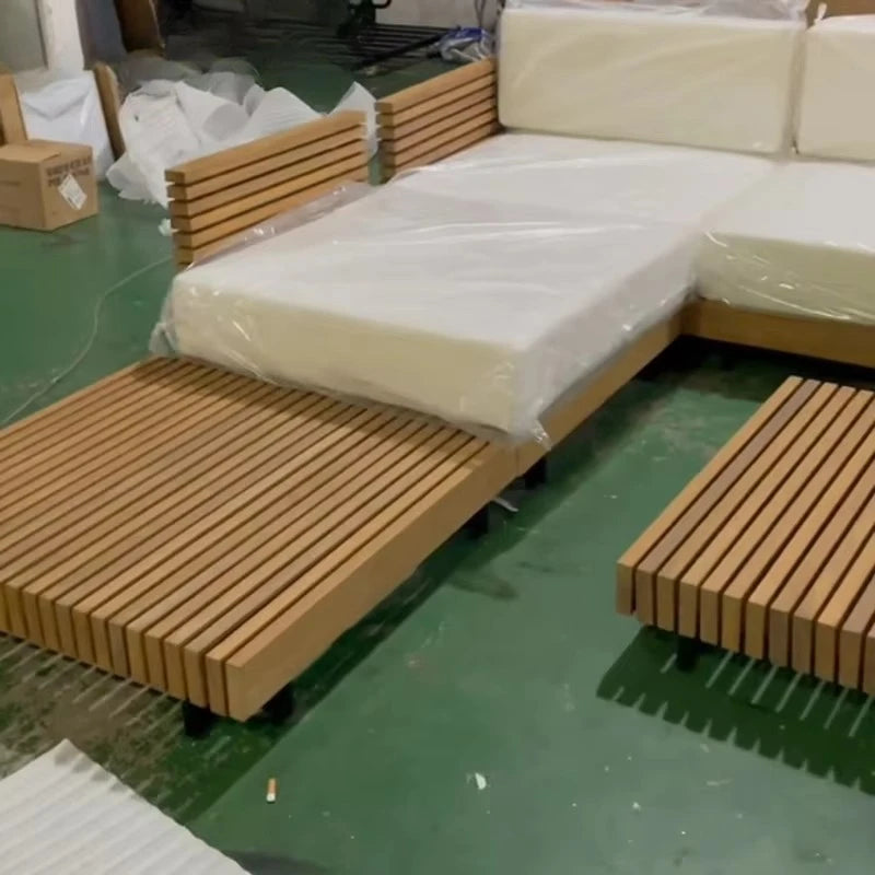 High Quality Solid Wood Teak Outdoor Patio Garden Sofas L-Shape Sectional Sofa Cushions for Villa Park Poolside Restaurant Use