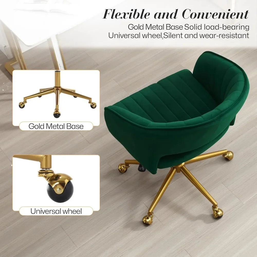 "contemporary swivel ergonomic chair with velvet upholstery and adjustable height on gold base"