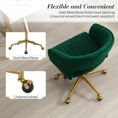 "contemporary swivel ergonomic chair with velvet upholstery and adjustable height on gold base"