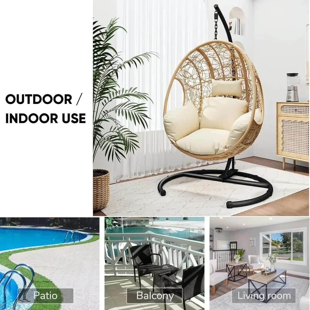 Hanging Egg Chair with Stand, Oversized Patio Swing Chair with Stand and Cushion, Hammock Wicker Rattan Lounge Chair
