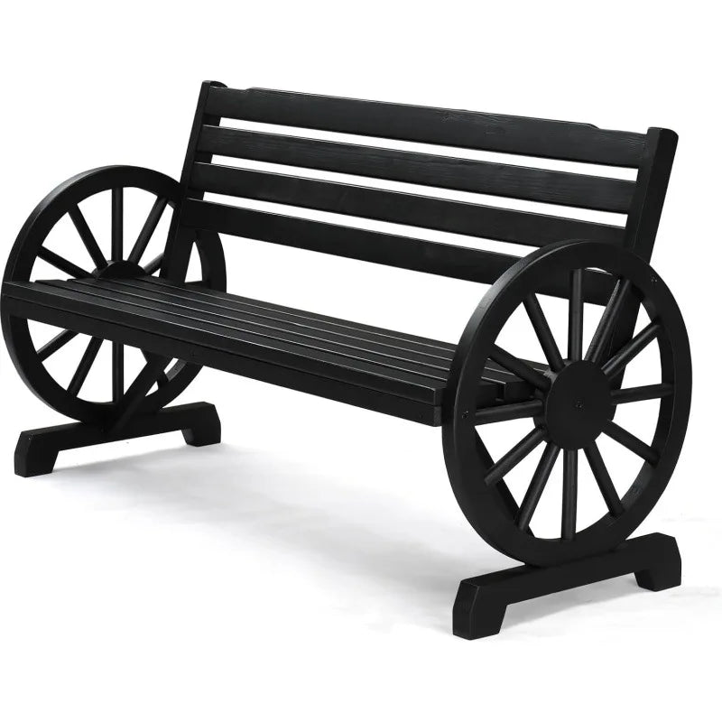 Country style wooden wheeled outdoor chair, patio bench with slat seating for 2 people, outdoor garden bench