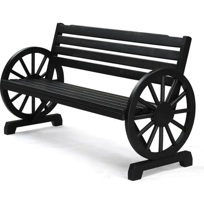 Country style wooden wheeled outdoor chair, patio bench with slat seating for 2 people, outdoor garden bench