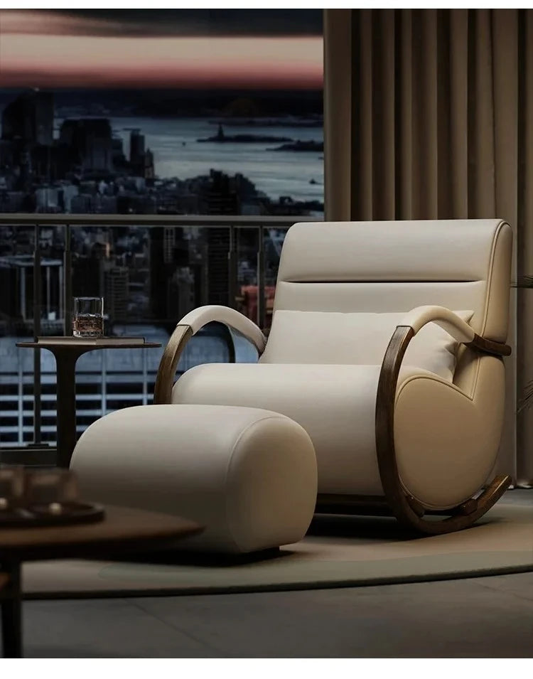 Solid wood leather lazy balcony leisure rocking chair bedroom living room household single sofa chair