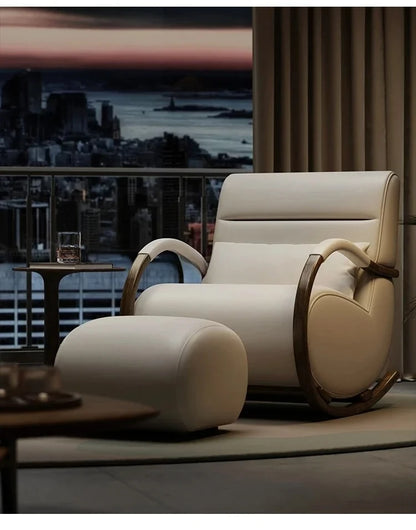 Solid wood leather lazy balcony leisure rocking chair bedroom living room household single sofa chair