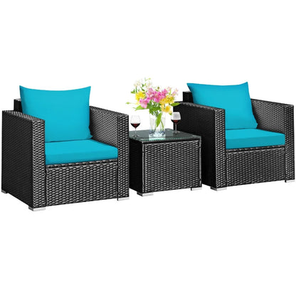 3PCS Patio Rattan Wicker Furniture Set Sofa Table W/Cushion Turquoise