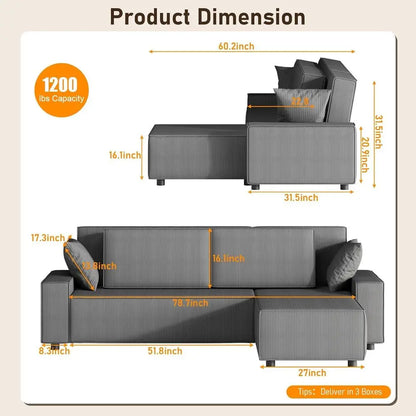 96 L-Shaped Sleeper Sofa with Chaise Lounge, Premium Corduroy Fabric, 1200 lbs Support, Ideal for Small Living Rooms