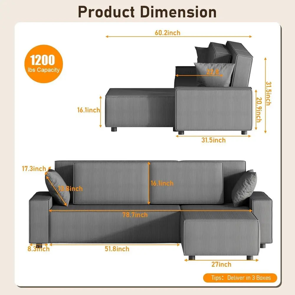 96 L-Shaped Sleeper Sofa with Chaise Lounge, Premium Corduroy Fabric, 1200 lbs Support, Ideal for Small Living Rooms