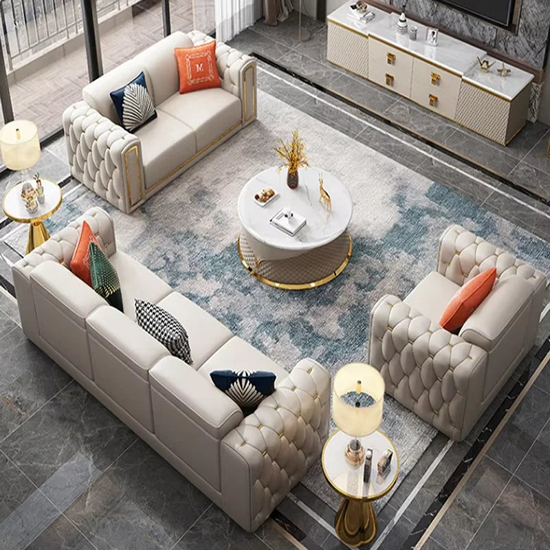 Modern Luxury White Gold Minimalist Home Furniture Living Room Sofa Set 1+2+3 Seater Upholstered L Shape Leather Sectional Couch