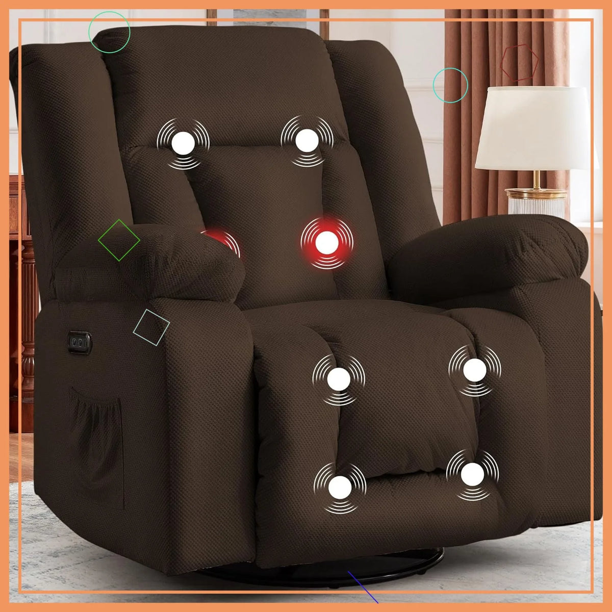 Electric Recliner Chair with Massage & Heating, Swivel Rocking Recliner for Living Room, Oversized Comfort with Side Pockets