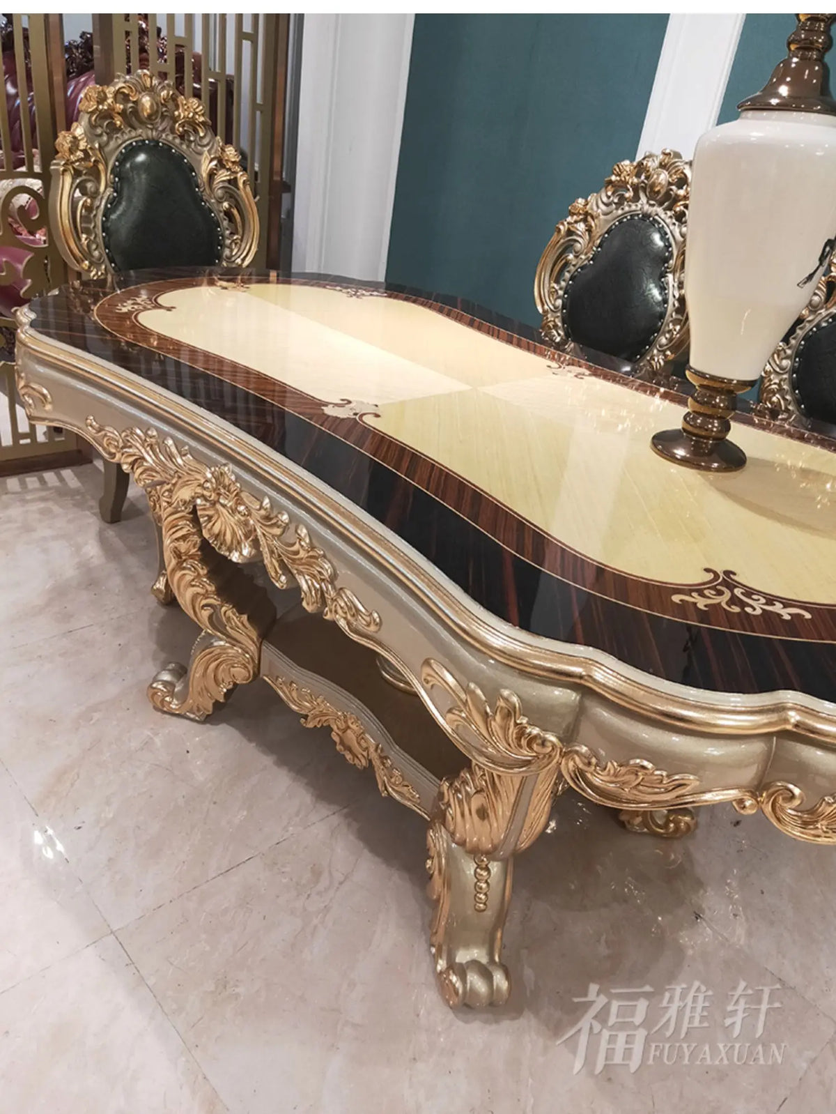 European oval 1.8 meters long dining table and chairs combination villa solid wood carving flower atmosphere dining table