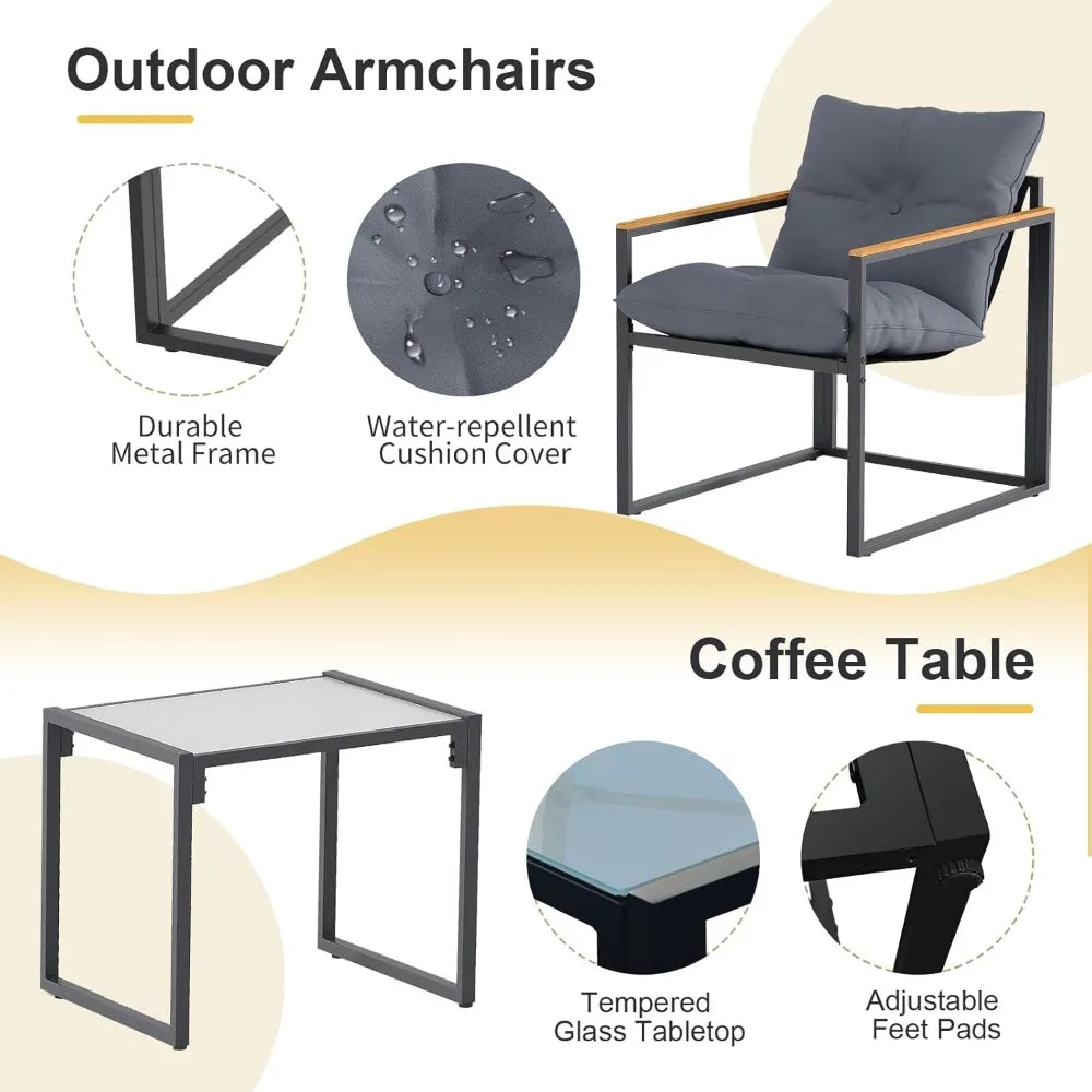 3 Piece Patio Furniture Set, Outdoor Porch Chairs Set of 2, Balcony Furniture for Apartment with Chairs & Table, Included Thick