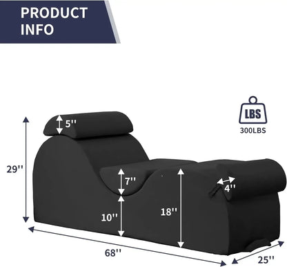 Sleek Chaise Lounge Chair for Exercise/Yoga, Indoor Lounger with Headrest, Waist Cushion, Movable Footrest, Side Pockets, Non-Sl