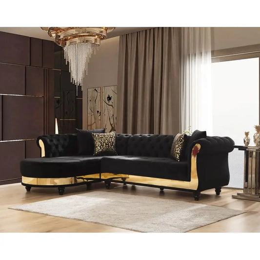 Black Tufted Upholstered Sectional Sofa with Wood Frame